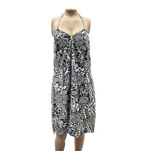 Vintage Old Navy Floral Print Halter Tie Backless Summer Dress Knee Navy White S